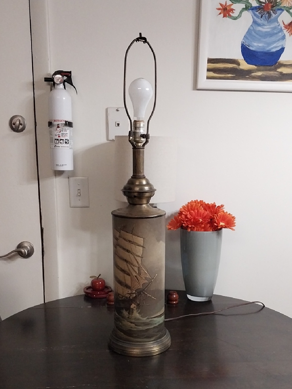 Vintage Nautical Table Lamp with Sailing Ship Motif - Brass Tones